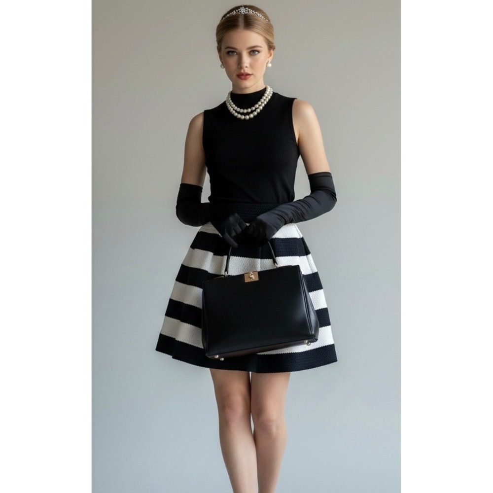 Express Striped Pleated Small A-Line Skirt Black White Textured Fit‎ and Flare